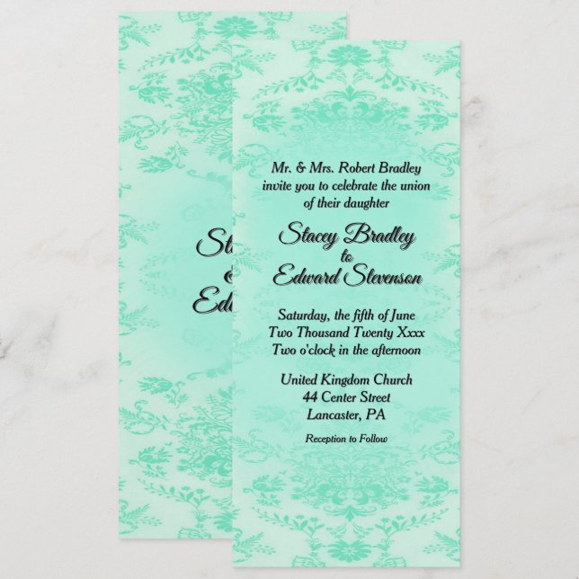 Mintgrön Damaskförlovningsinbjudan Inbjudningar (Fram/baksida)