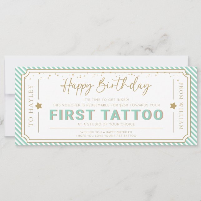 Mintgrön Första Tatuering Födelsedagspresent Kupon Inbjudningar (Framsida)