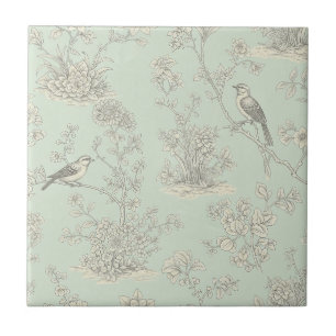 Mintgrön fransk lanstil fåglar och blommande toile kakelplatta