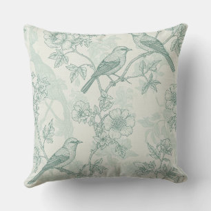 Mintgrön fransk lanstil fåglar och blommig toile 2 kudde