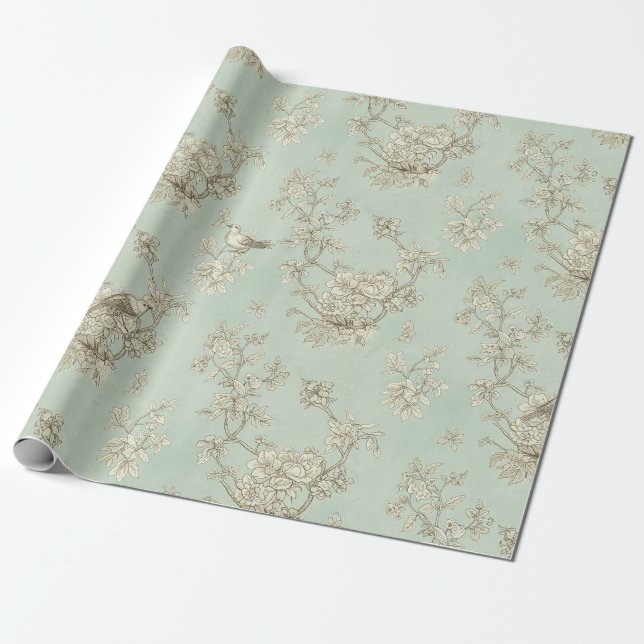 Mintgrön fransk lanstil med fåglar och blommor Toi Presentpapper (Utrullad)