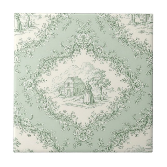 Mintgrön fransk lantlig blommig toile - bondgård kakelplatta (Framsidan)