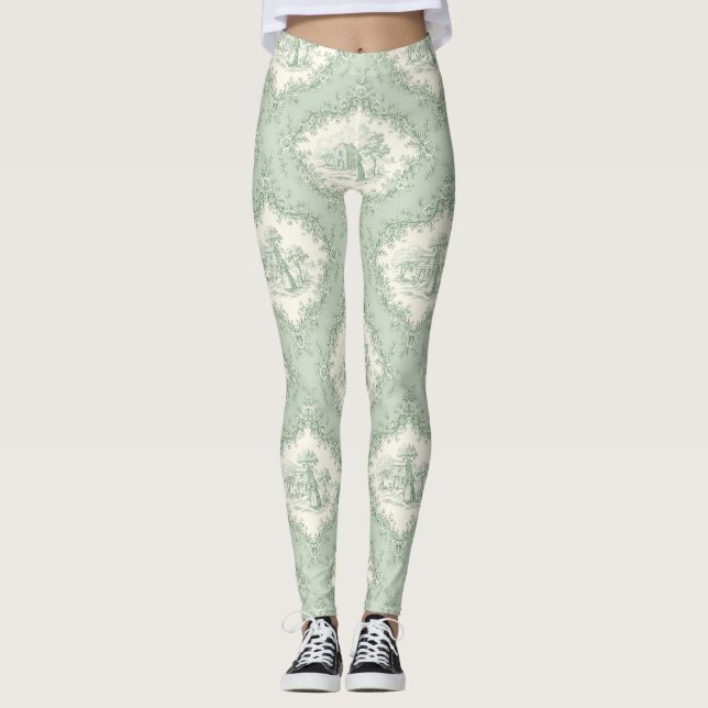 Mintgrön fransk lantlig blommig toile - bondgård leggings (Framsida)