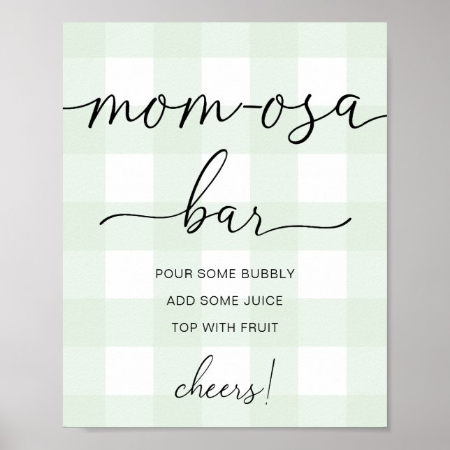 Mintgrön Gingham Baby Shower Mom-osa Bar Skylt (Framsidan)