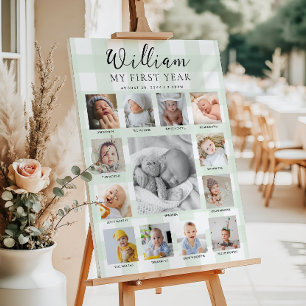 Mintgrön Gingham Första Födelsedags Foto Tidslinje Poster