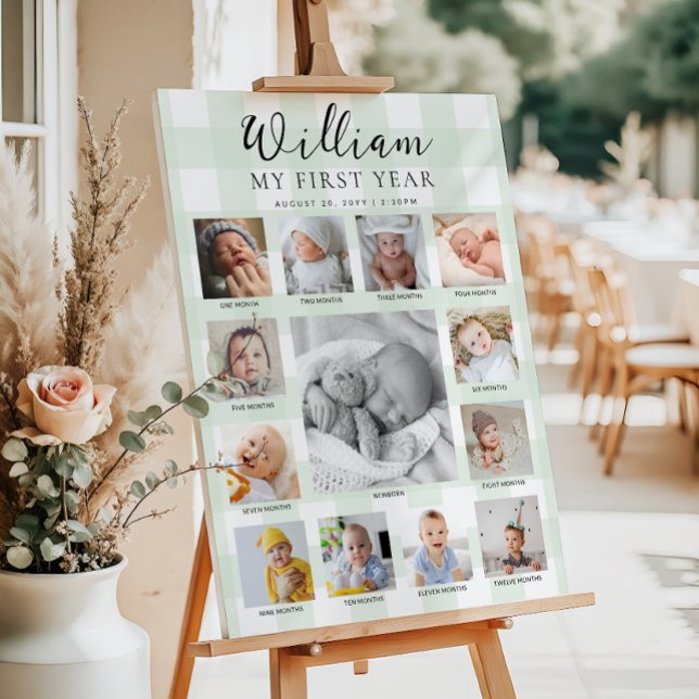 Mintgrön Gingham Första Födelsedags Foto Tidslinje Poster (Skapare uppladdad)