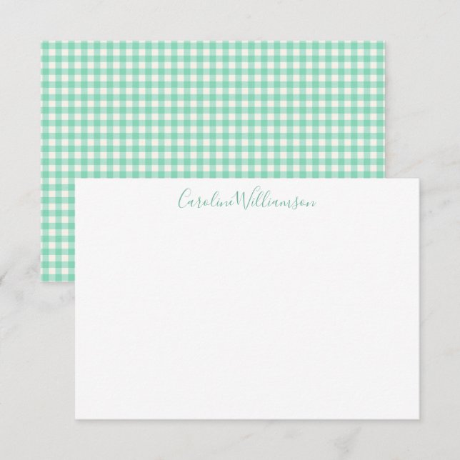 Mintgrön Gingham-rutig Preppy-typsnittsnamn Anteckningskort (Fram/baksida)