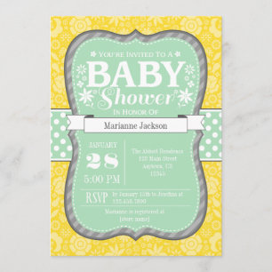 Mintgrön gul grå blommig baby shower-inbjudan inbjudningar