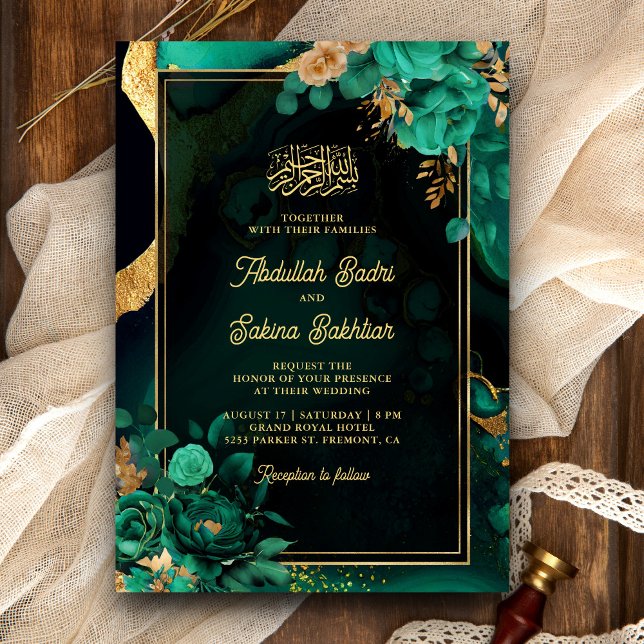 Mintgrön Guld Blommig QR-kod Muslimsk Bröllop Inbjudningar (Skapare uppladdad)