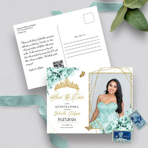 Mintgrön & Guld Tiara Quinceañera Fotopostkort Vykort