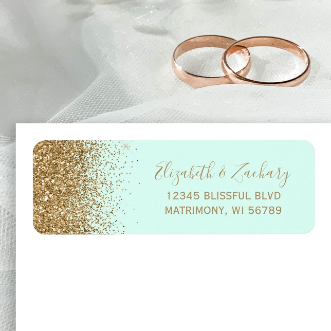 Mintgrön guldglitter Bröllopsreturadress Returadress Etikett (Skapare uppladdad)