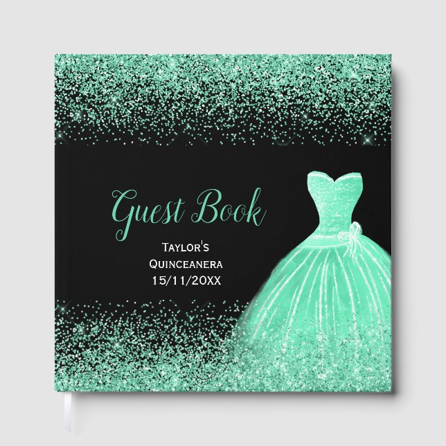 Mintgrön klänning Falsk glitter Quinceanera Gästböcker (Framsida)