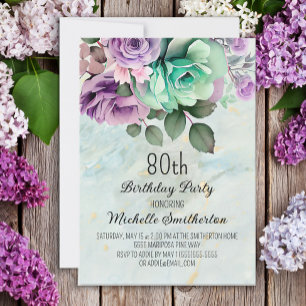 Mintgrön lila blommig fjäril 80-årsdag inbjudningar