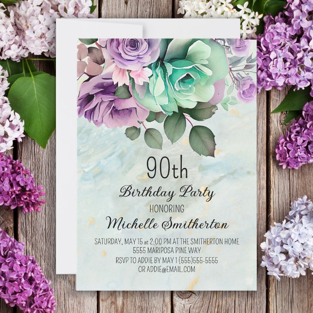 Mintgrön lila blomstergirlang Fjäril 90-årsdag  Inbjudningar (Skapare uppladdad)