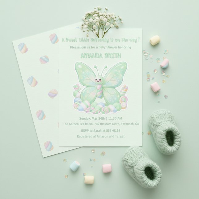 Mintgrön Marshmallow Fjäril Baby Shower Inbjudningar (Mint Green Marshmallow Butterfly Baby Shower Invitation)