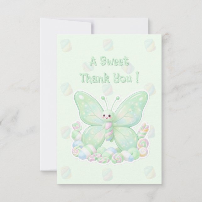 Mintgrön marshmallow fjäril baby shower tack kort (Framsida)