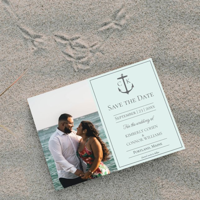 Mintgrön nautisk monogram fotobild Spara datum Datumet (Mint Nautical Monogram Photo Save the Date)