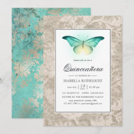 Mintgrön och Pärl Damask Quinceañera Inbjudningar