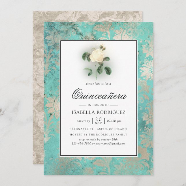 Mintgrön och pärl Floral Damask Quinceañera Inbjudningar (Fram/baksida)