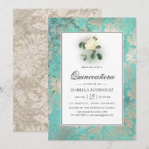 Mintgrön och pärl Floral Damask Quinceañera Inbjudningar