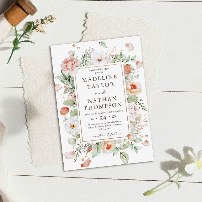 Mintgrön och persikafärgad blommig bröllopsinbjuda inbjudningar (Skapare uppladdad)