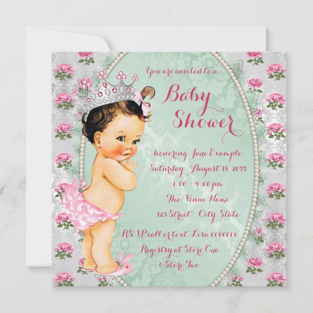 Mintgrön och rosa ros Babyflicka Babyshower Inbjudningar (Framsida)