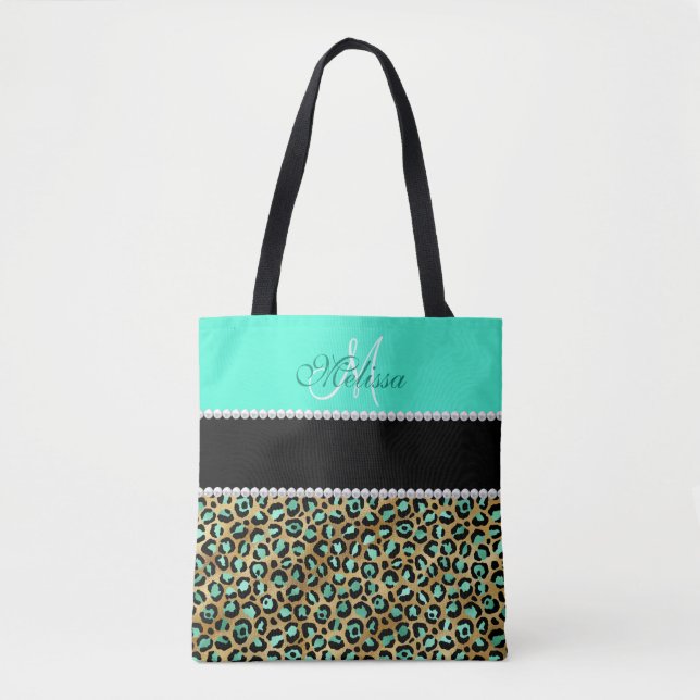 Mintgrön och svart leopardtryckt monogram    tygkasse (Framsida)