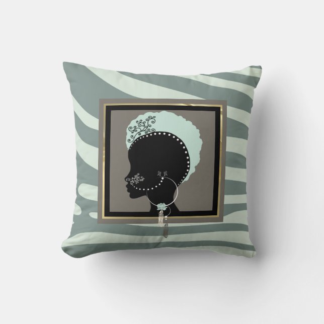 Mintgrön och svart zebrarandomstrukket tyg kudde (Framsida)