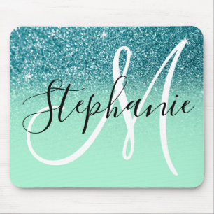 Mintgrön och teal glitter Ombre Glitter Monogram Musmatta