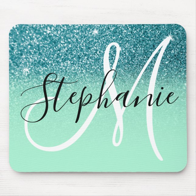 Mintgrön och teal glitter Ombre Glitter Monogram Musmatta (Framsidan)