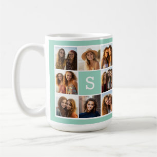 Mintgrön och vit fotokollage med monogram kaffemugg