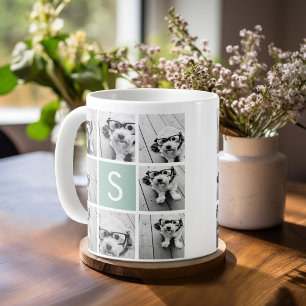 Mintgrön och vit fotokollage med monogram kaffemugg
