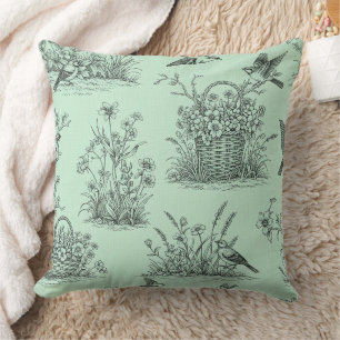 Mintgrön pastoral Toile med fåglar och blommor Kudde
