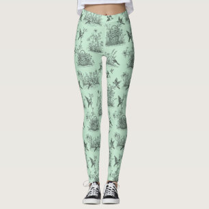 Mintgrön pastoral Toile med fåglar och blommor Leggings