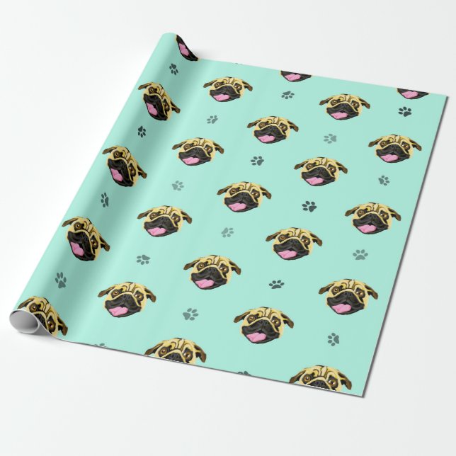 Mintgrön Pug-inpackningspapper Presentpapper (Utrullad)