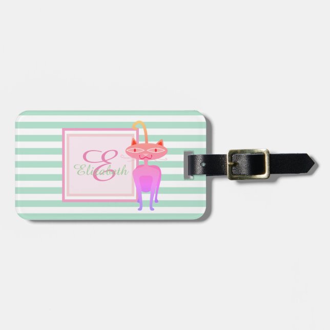 Mintgrön randig monogram, katt - personlig bagagebricka (Horisontell Framsida)