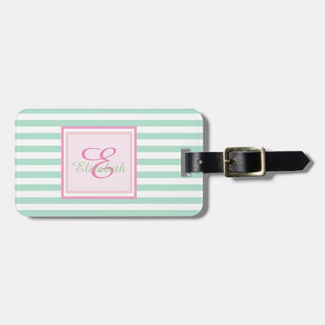 Mintgrön randig monogram-personanpassad bagagebricka (Horisontell Framsida)