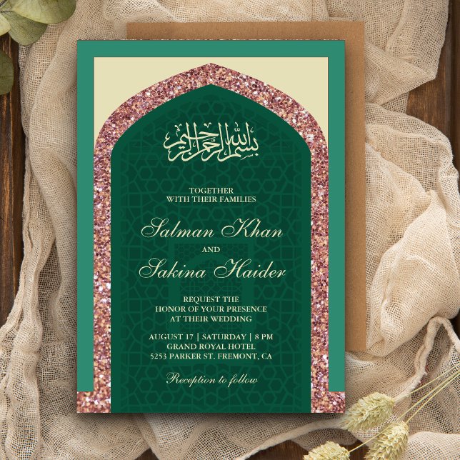 Mintgrön Roséguld Glitter Mihrab Muslimsk Bröllop Inbjudningar (Skapare uppladdad)