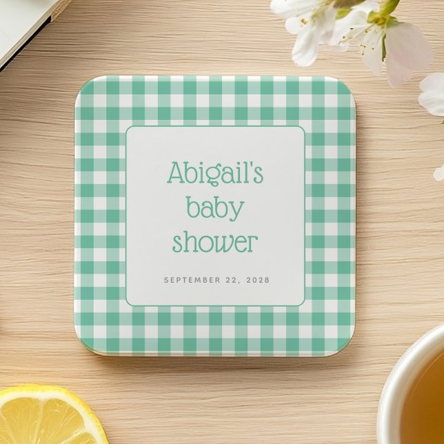 Mintgrön Rutig Gingham Baby Shower Underlägg Papper Kvadrat (Skapare uppladdad)