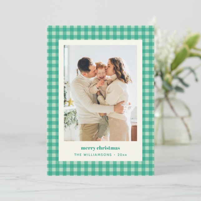 Mintgrön Rutig Plaid Elegant Julfotografi Julkort (Stående Fram)