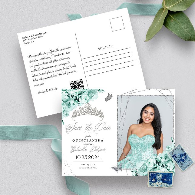 Mintgrön silvertiara Quinceañera fotokort Vykort (Skapare uppladdad)