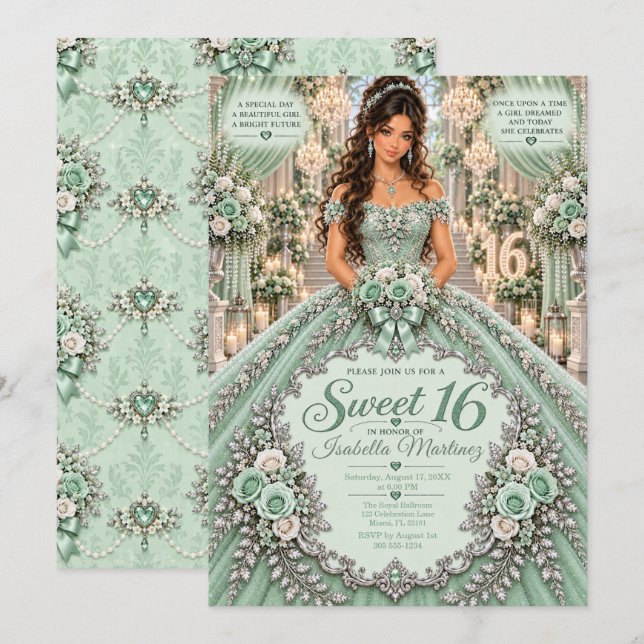 Mintgrön Sweet 16-firande Inbjudningar (Fram/baksida)