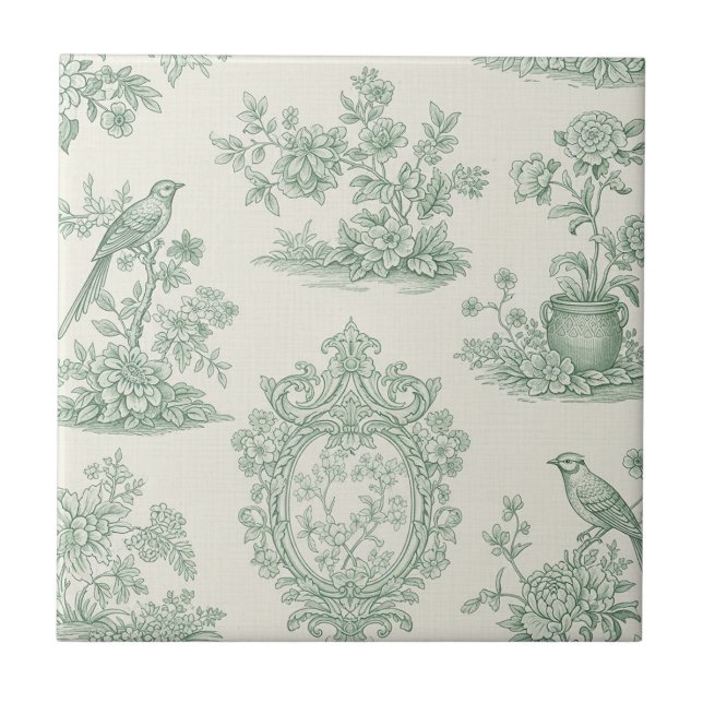 Mintgrön Toile Blommönster och Fågeldesign Kakelplatta (Framsidan)