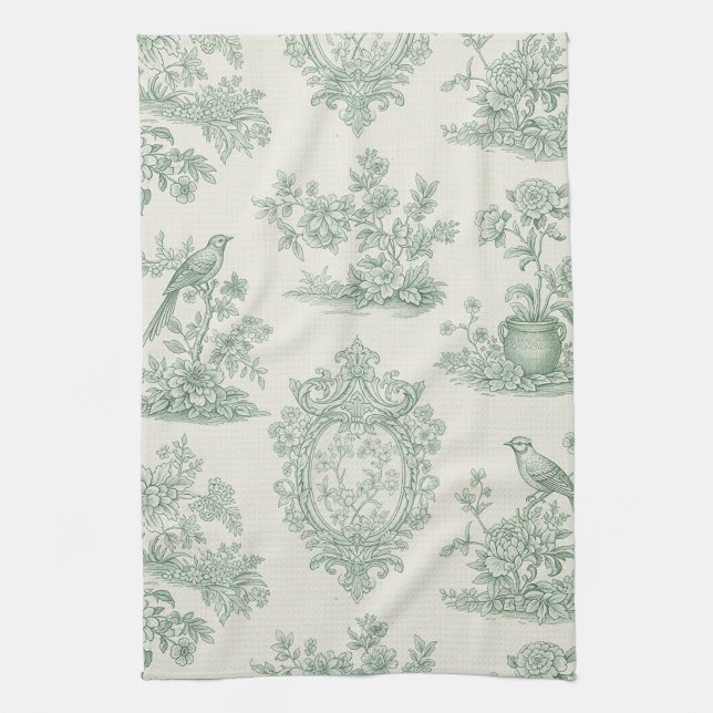 Mintgrön Toile Blommönster och Fågelmönster Kökshandduk (Vertikal)