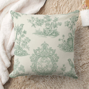 Mintgrön Toile Blommönster och Fågelmönster Kudde