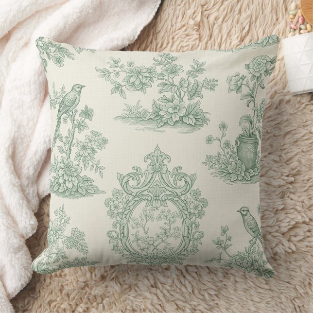 Mintgrön Toile Blommönster och Fågelmönster Kudde (Filt)