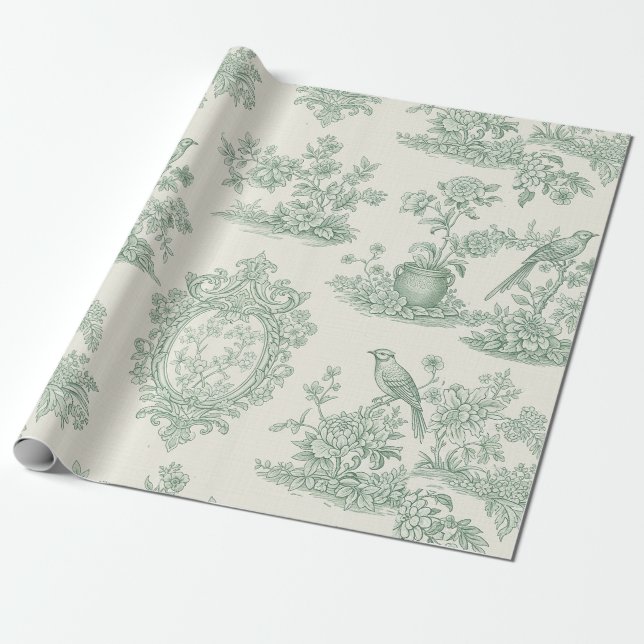 Mintgrön Toile Blommönster och Fågelmönster Presentpapper (Utrullad)