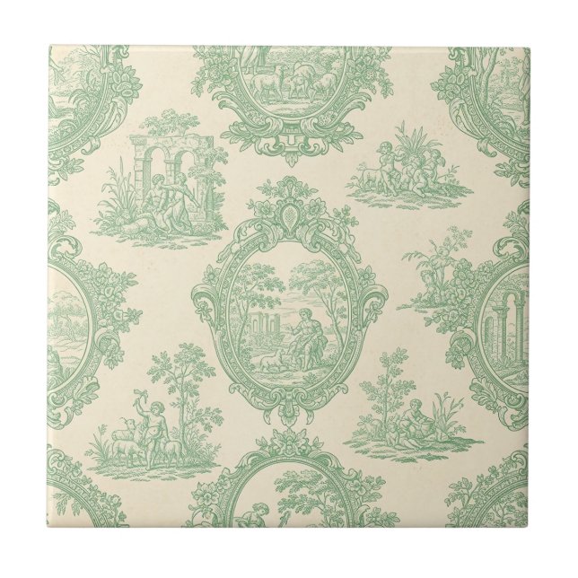 Mintgrön Toile Vintagepar och trädgårdsscen Kakelplatta (Framsidan)