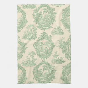 Mintgrön Toile Vintagepar och trädgårdsscen Kökshandduk