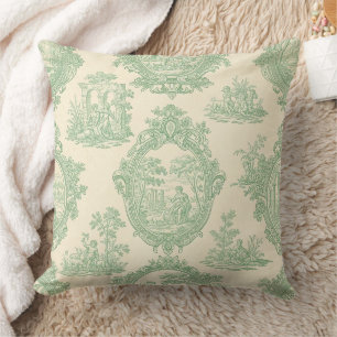 Mintgrön Toile Vintagepar och trädgårdsscen Kudde